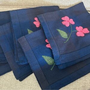 April‎ Cornell navy napkins 6 cotton pink green floral embroidery entertain